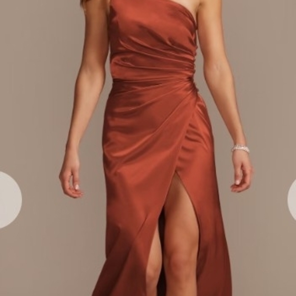 NEW Galina Signature Bridesmaid Dress 18 Cinnamon Satin One-Shoulder Slit - Picture 2 of 8
